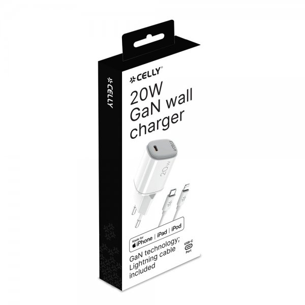 Celly 20W GaN USB-C Vegglader med Lightning-kabel