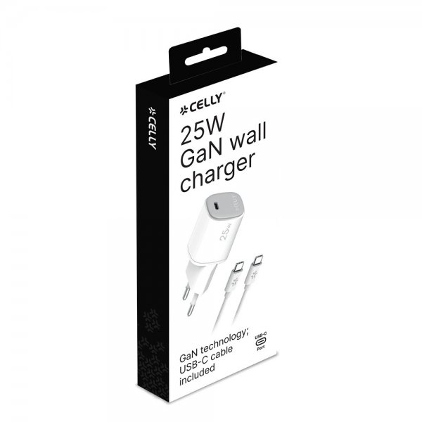 Celly 25W GaN USB-C Vegglader med USB-C-kabel