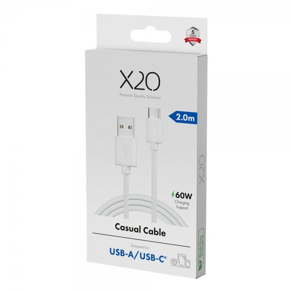 X2O USB-A til USB-C Kabel Basic 60W 2m Hvit