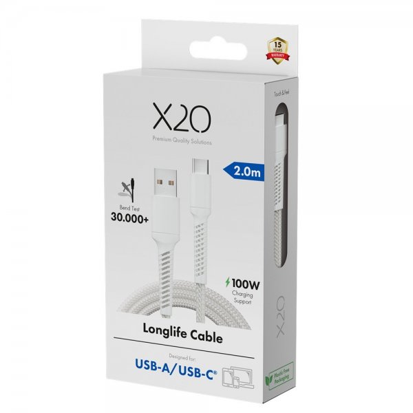X2O USB-A til USB-C Kabel Longlife 60W 2m Hvit