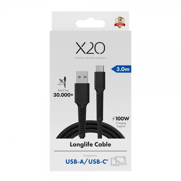 X2O USB-A til USB-C Kabel Longlife 60W 3m Svart