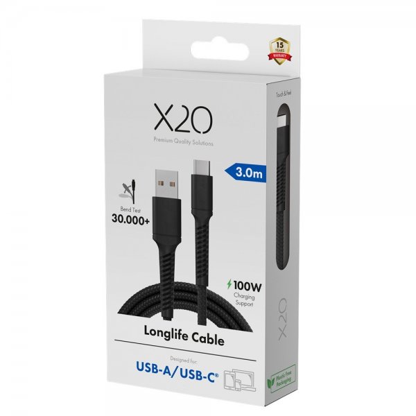 X2O USB-A til USB-C Kabel Longlife 60W 3m Svart