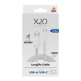 X2O USB-A til USB-C Kabel Longlife 60W 3m Hvit