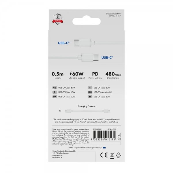 X2O USB-C til USB-C Kabel Basic 60W 0.5m Hvit