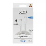 X2O USB-C til USB-C Kabel Longlife 100W 0.5m Hvit