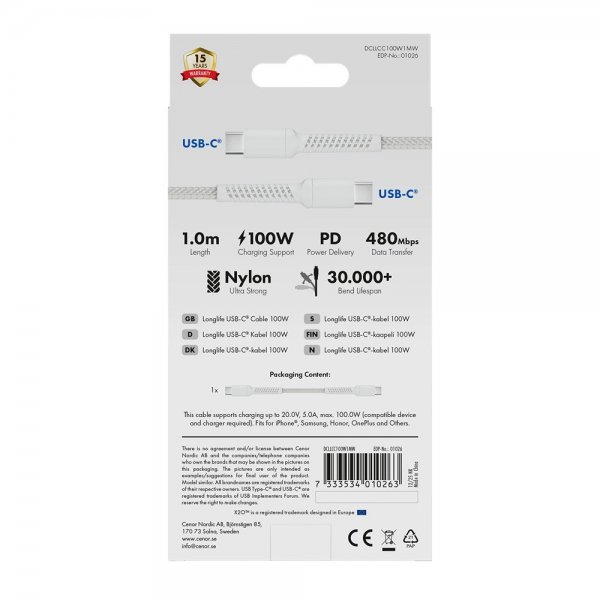 X2O USB-C til USB-C Kabel Longlife 100W 1m Hvit
