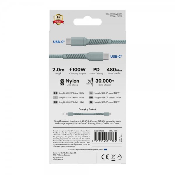 X2O USB-C til USB-C Kabel Longlife 100W 2m Blå