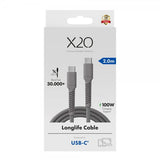 X2O USB-C til USB-C Kabel Longlife 100W 2m Grå