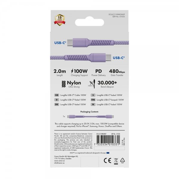 X2O USB-C til USB-C Kabel Longlife 100W 2m Lilla