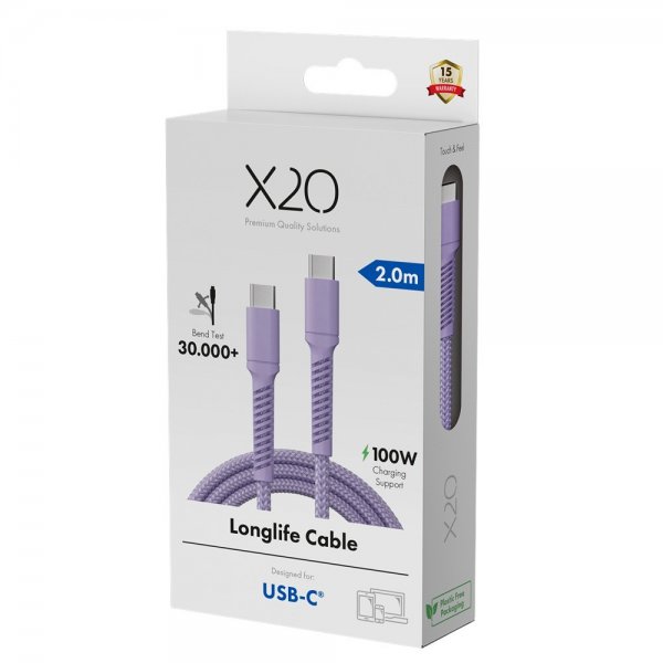 X2O USB-C til USB-C Kabel Longlife 100W 2m Lilla