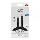 X2O USB-C til USB-C Kabel Longlife 100W 3m Svart