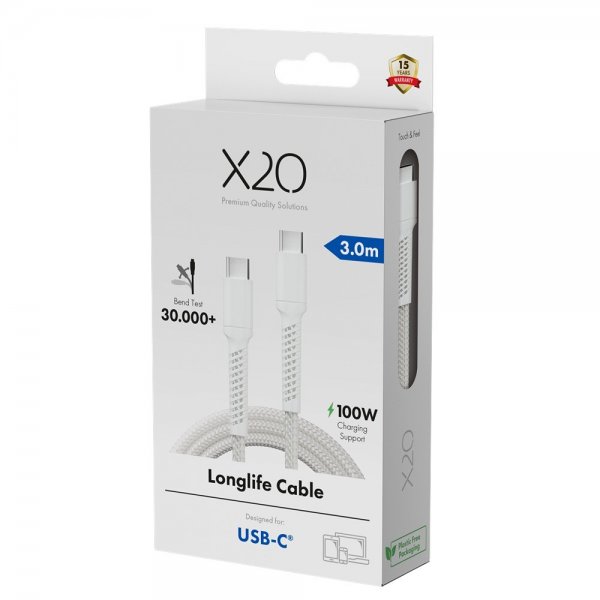X2O USB-C til USB-C Kabel Longlife 100W 3m Hvit