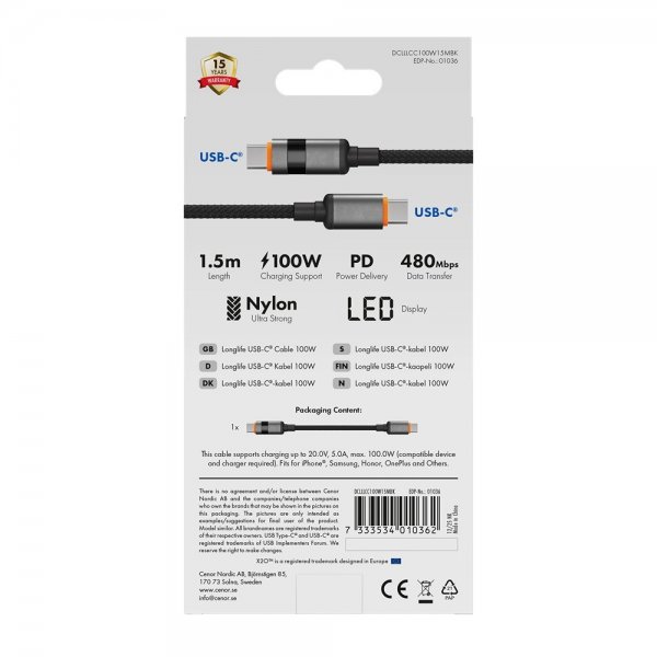 X2O USB-C til USB-C Kabel Longlife LED Display 100W 1.5m Svart