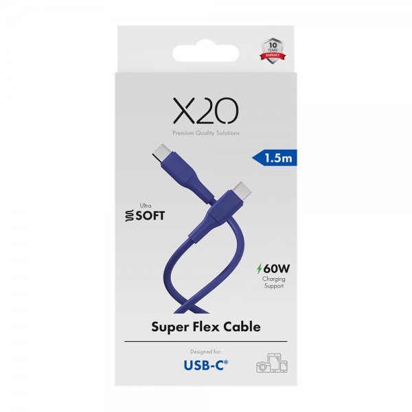 X2O USB-C til USB-C Kabel Superflex 60W 1.5m Blå