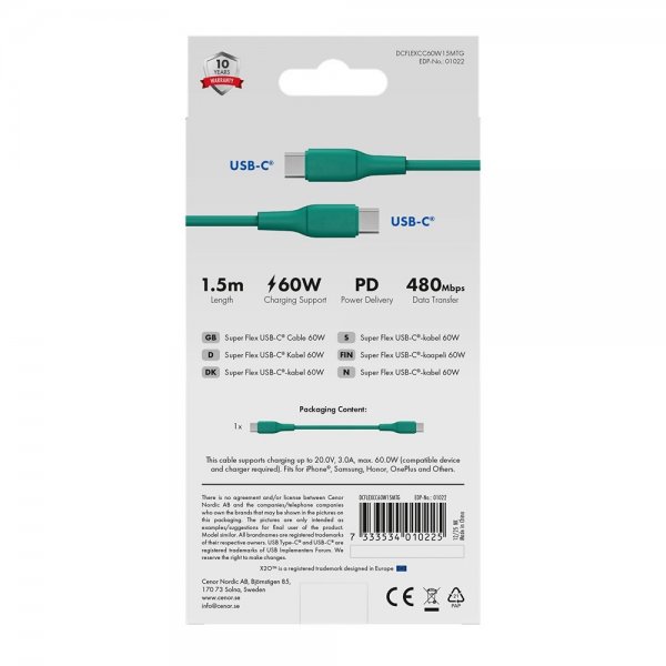 X2O USB-C til USB-C Kabel Superflex 60W 1.5m Grønn