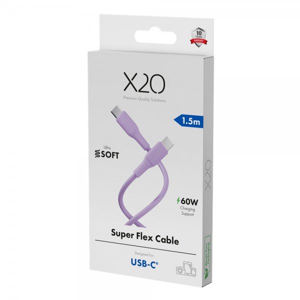 X2O USB-C til USB-C Kabel Superflex 60W 1.5m Rosa