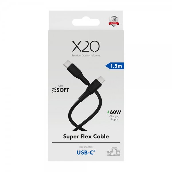 X2O USB-C til USB-C Kabel Superflex 60W 1.5m Svart