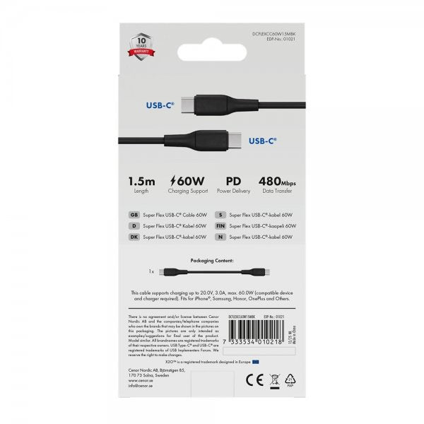 X2O USB-C til USB-C Kabel Superflex 60W 1.5m Svart