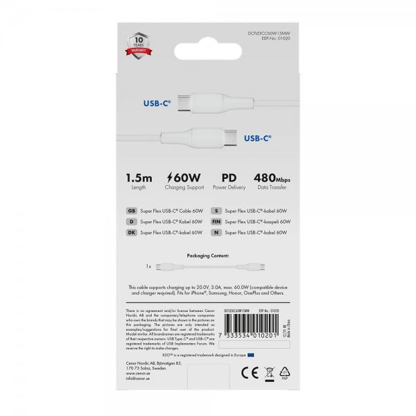 X2O USB-C til USB-C Kabel Superflex 60W 1.5m Hvit