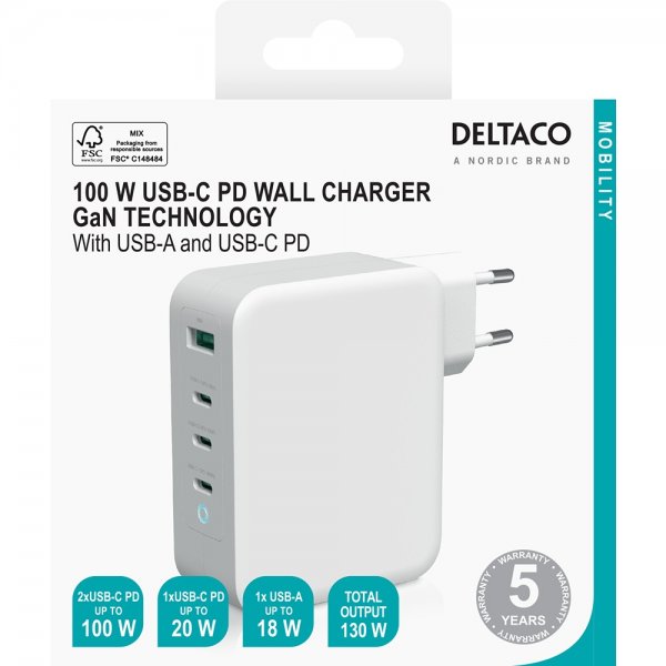 Deltaco Lader 3xUSB-C och 1xUSB-A GaN 100W