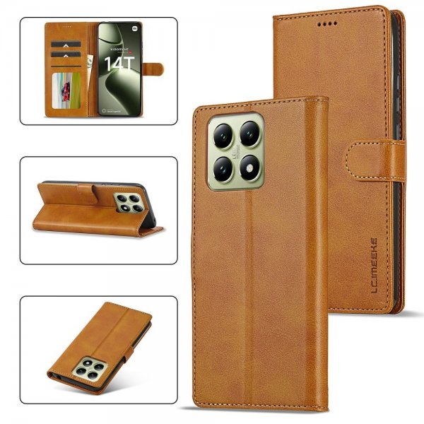 Lc.Imeeke Xiaomi 14T Etui med Kortlomme stativfunksjon Lysebrun