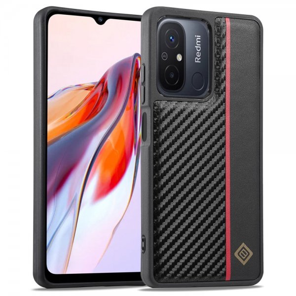 Lc.Imeeke Xiaomi Redmi 12C Deksel Karbonfibertekstur Rød Stripe Svart