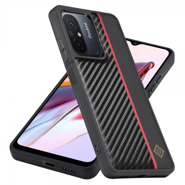 Lc.Imeeke Xiaomi Redmi 12C Deksel Karbonfibertekstur Rød Stripe Svart